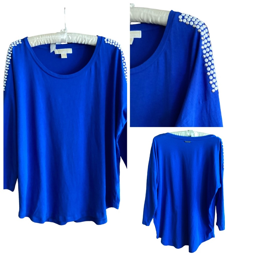 🪻 Michael Kors Blue Long Sleeve Light Weight Top w/White Stud Accents Size Large